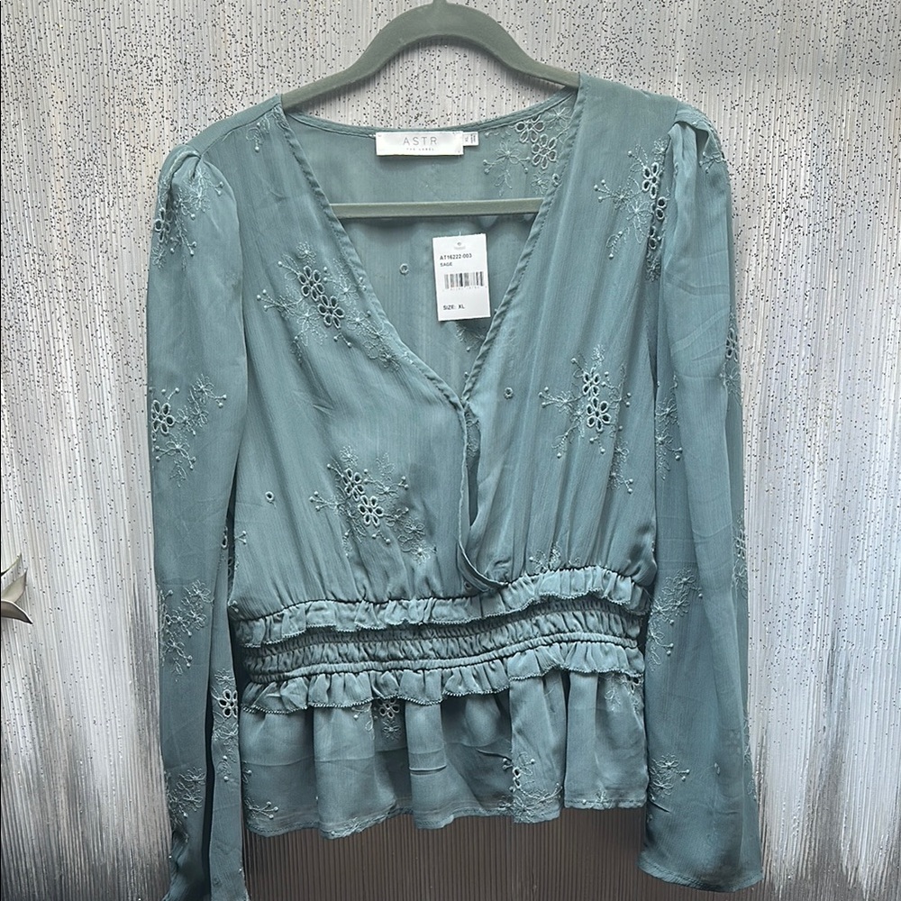 Astr Green Smocked Embroidered Ruffled Long Sleeve Blouse